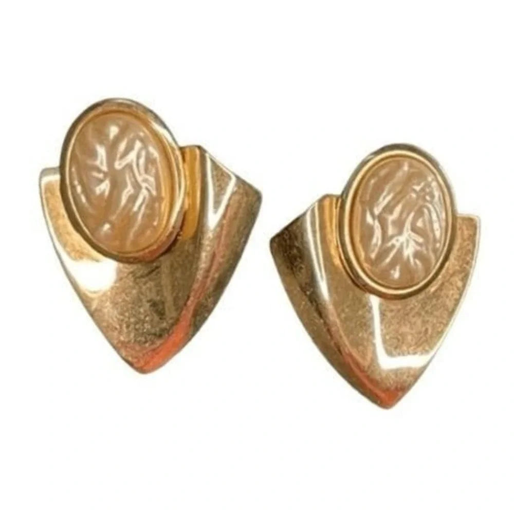 Vintage 80s Faux Fresh Water Pearl Earrings‎ Gold Tone Metal Abstract